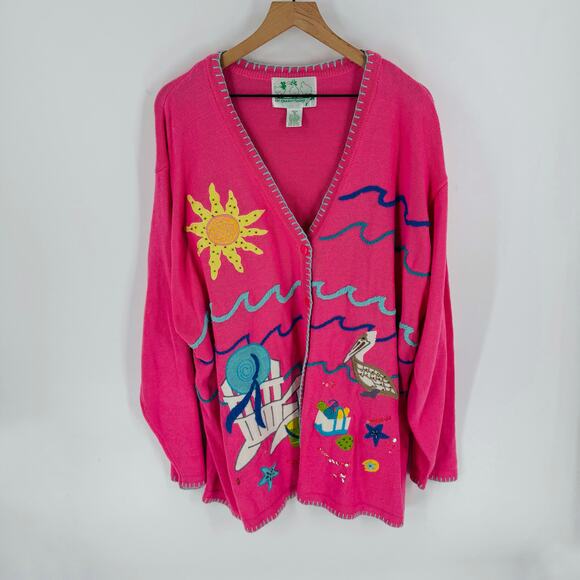 Quacker Factory 3X Pink Beach Scene Embroidered Cardigan Coastal Nautical - Picture 1 of 11